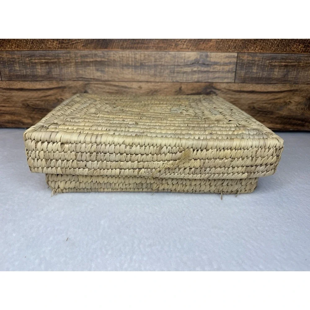 Handwoven Wicker‎ Lidded Basket Organizer Box 3 Compartments Boho Storage 9x12